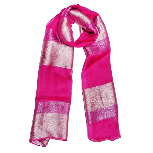 Chiffon Schal aus 100% Seide Seidenschal 60x170cm pink silber 3153 - zum Schließen ins Bild klicken
